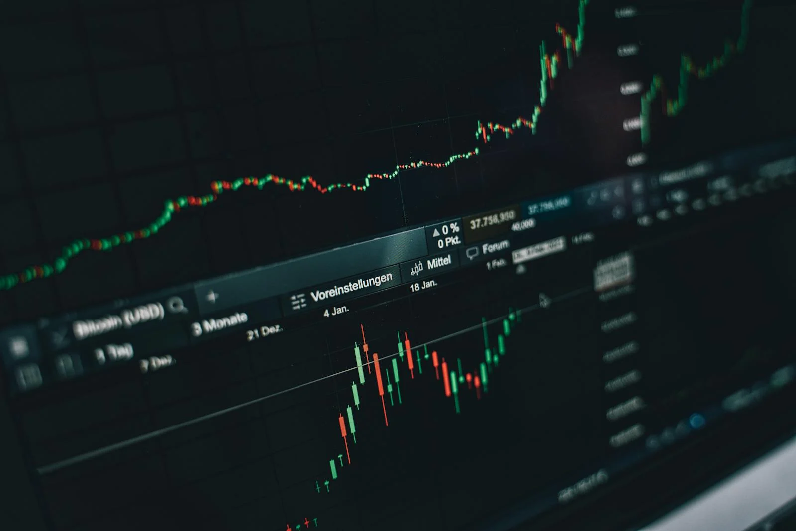 Photo by Alesia Kozik Close-up of a digital market analysis display showing Bitcoin and cryptocurrency price trends.