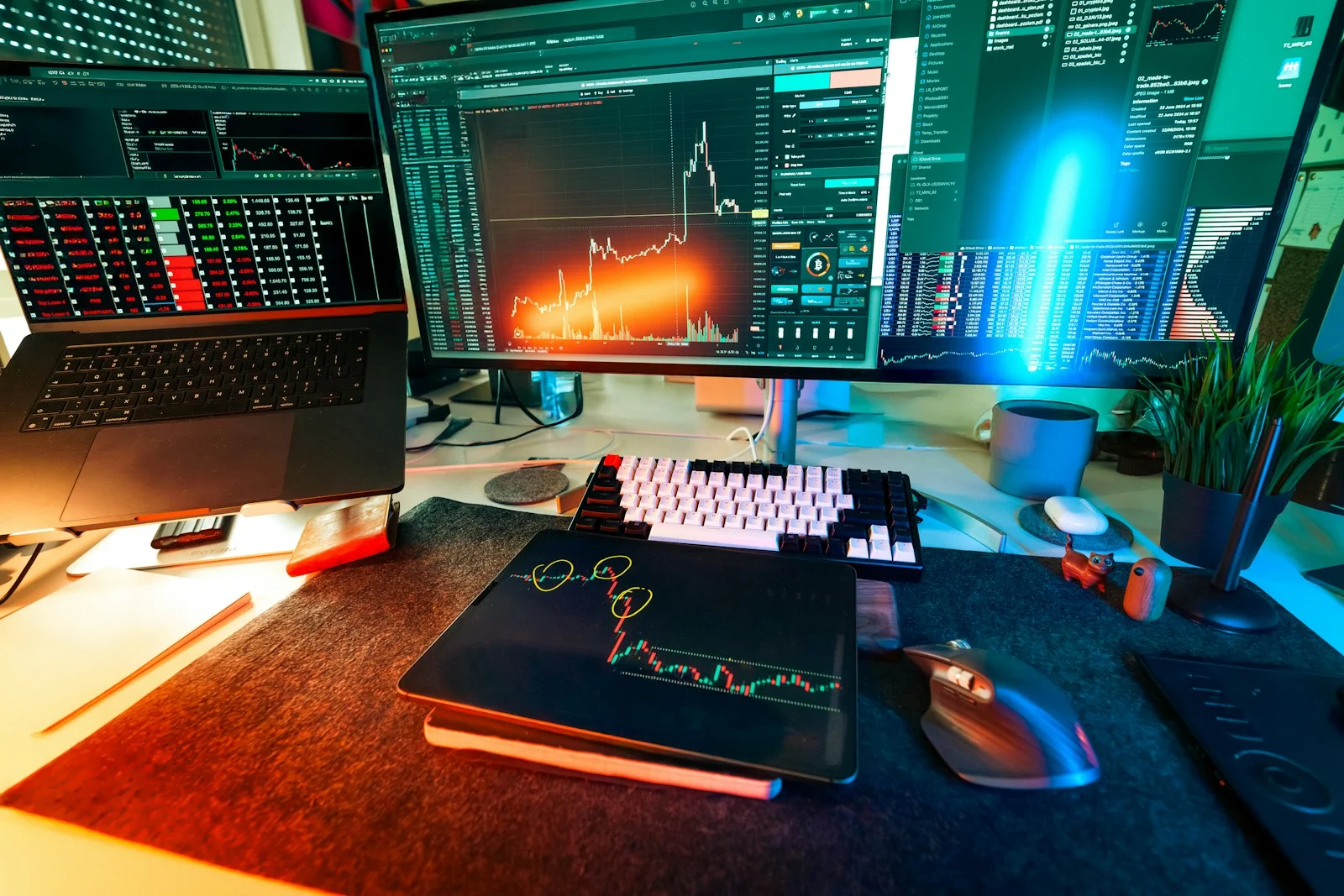 Photo by Jakub Żerdzicki A trader's desk is lit up with charts.