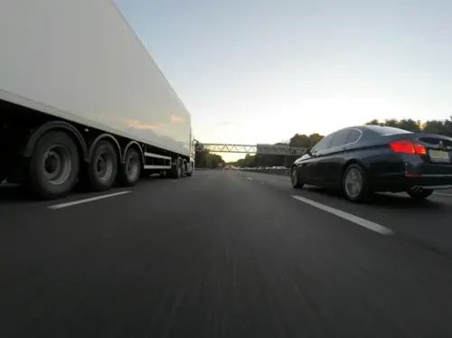 Photo by Mike Bird Cars and a truck speed along a highway under the clear sky, showcasing transportation dynamics.